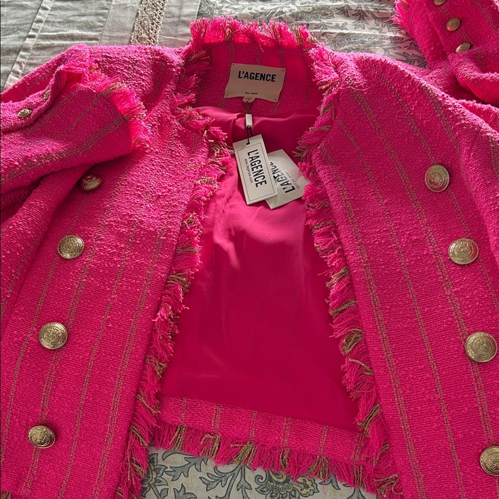 L'AGENCE Fuchsia Tweed Jacket with Gold Accents
